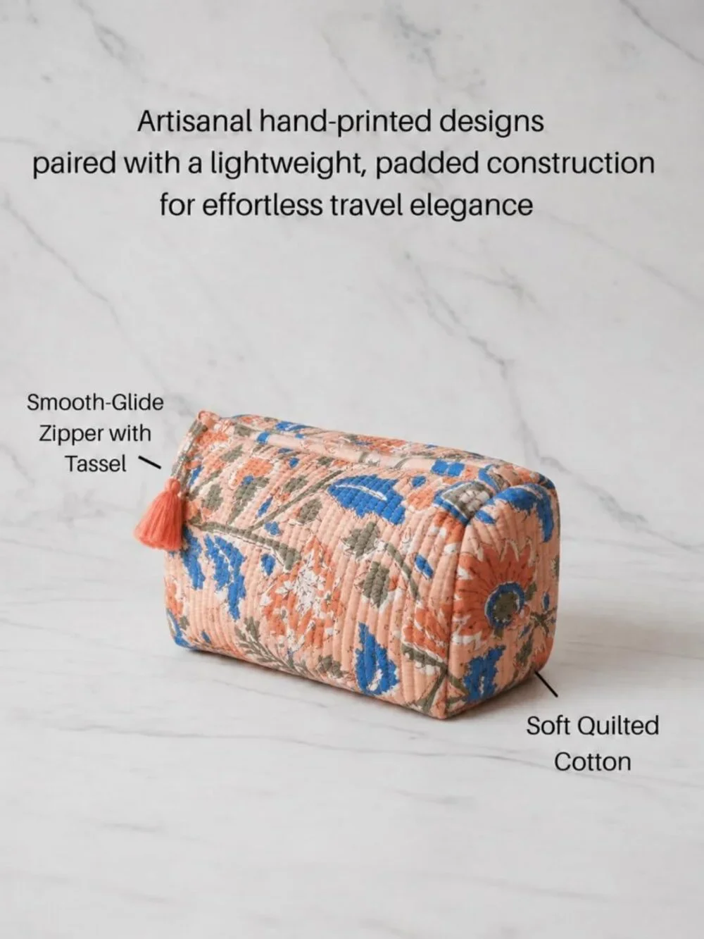 Floral Travel Cosmetic Case - Apricot Blue, Zippered, Cotton, 9x4x7 Inches